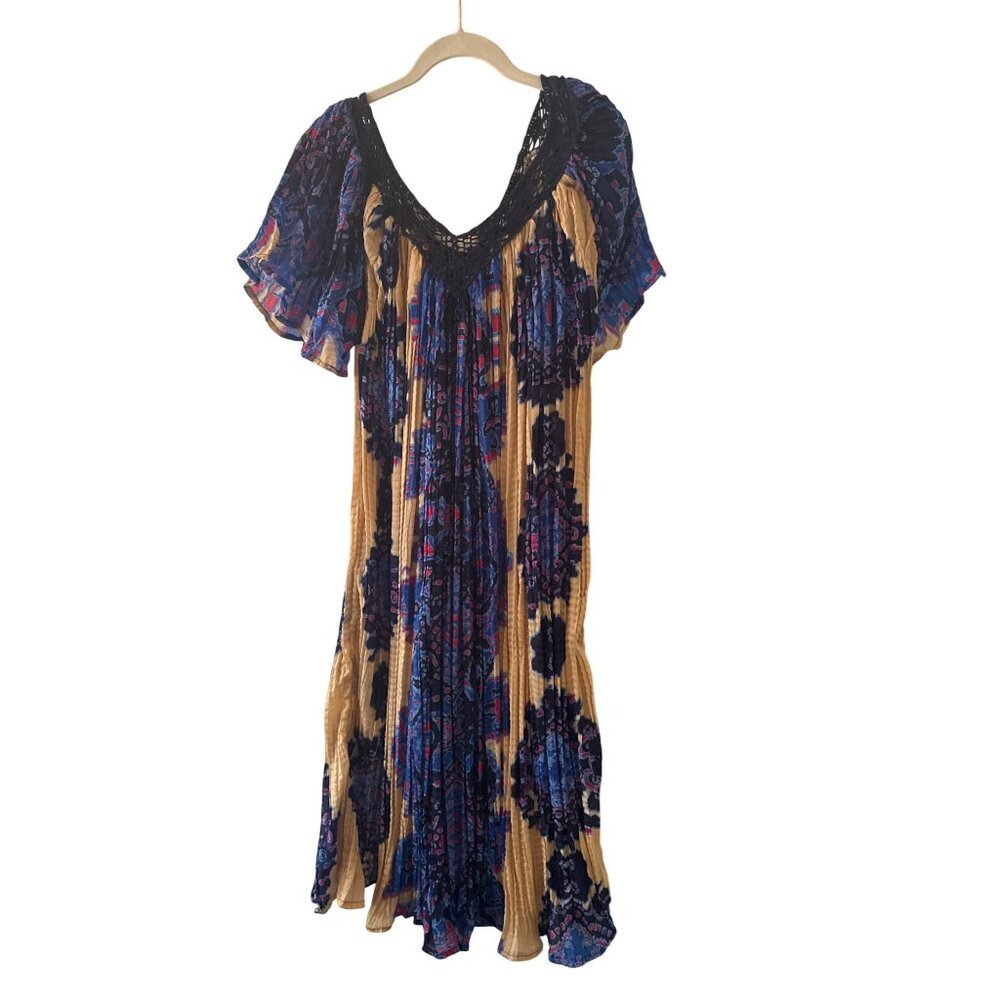 Jessica Bloom Boho Style House Dress Crochet Neckline & Pleated Design Blue Tan